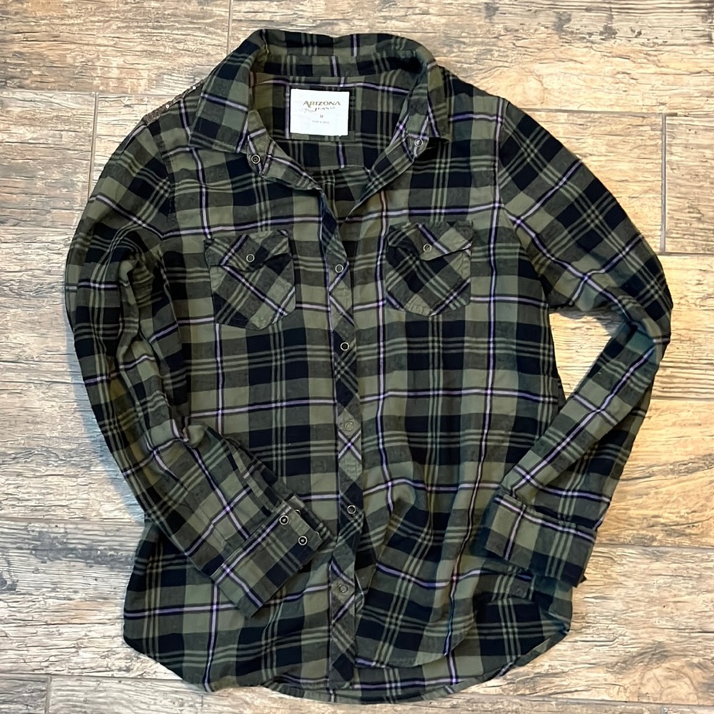 Green and purple flannel with gold sequin embellishment on back
